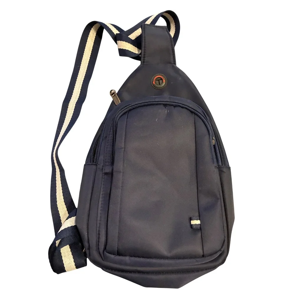 Navy Blue Nylon Sling Bag Striped Crossbody Backpack Messenger